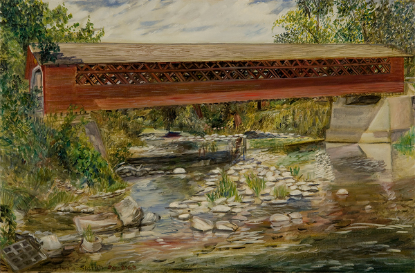 A lattice truss bridge, "The Henry Bridge" over a stone-covered pond. 