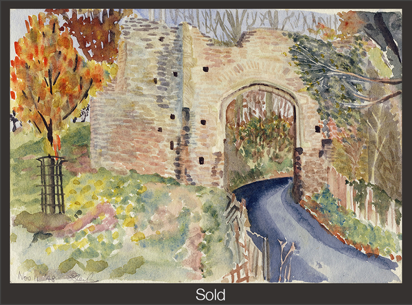 Remains of a medieval gate, surrounded by trees in greens and autumn colors. The whole painting is of light and colorful tones. The piece is marked as sold with a grey border and white text "Sold" at the bottom center.