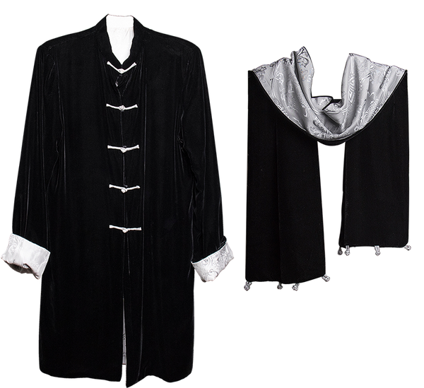 Carole Fraser Three-Quarter Length Reversible Velvet and Silk Jacket and Scarf in Black and Silver